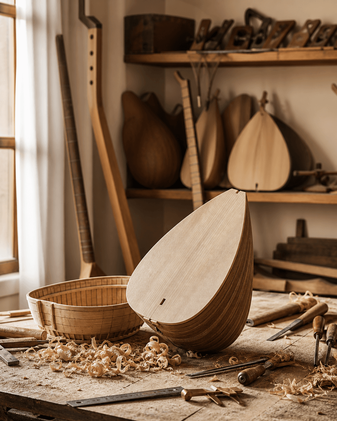 Bağlama yapım atölyesinde ahşap tekne, el aletleri ve çalışma tezgahı